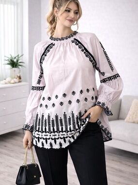 Pale Pink Tunic with Black Embroidery
